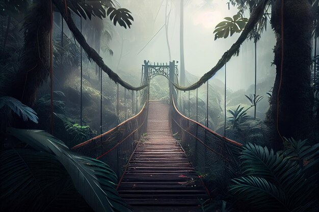 Ponte de madeira na selva com foggenerative ai