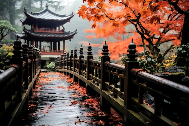 Foto ponte de madeira no jardim japonês no outono em uma manhã nevoenta panorama japonês generativo ai