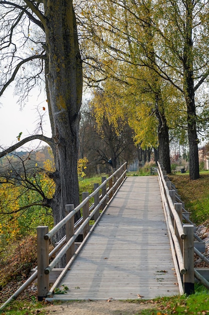 Ponte de madeira para pedestres ao lado de uma estrada na zona rural no outono Paisagem de outono
