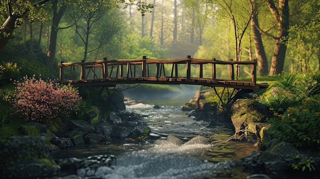 Ponte de madeira sobre um lago com peixes Árvores da margem do rio atravessando estradas água arco mar aquário pesca escamas vara de pesca alga rebanho de algas comida gerada por IA