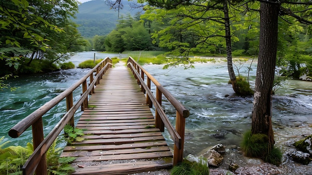 Ponte de madeira sobre um rio em uma floresta A ponte é cercada por árvores e vegetação A água está fluindo rapidamente sob a ponte