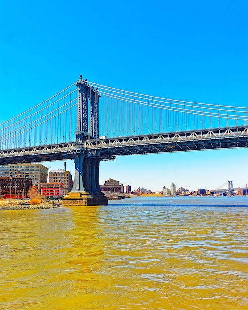 Ponte de Manhattan sobre East River, Nova York, EUA. Está entre os mais antigos dos Estados Unidos da América. NY, EUA. Horizonte e paisagem urbana. construção americana