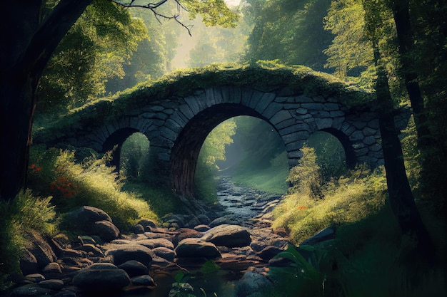 Ponte de pedra cercada por uma floresta verdejante com luz solar filtrada pelas árvores