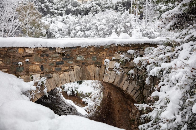 Ponte de pedra coberta de neve com fundo de natureza congelada