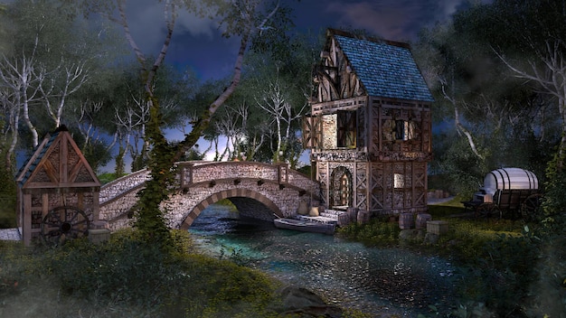 ponte de pedra e mercadores casa paisagem efeito vintage cena de renderização 3d medieval