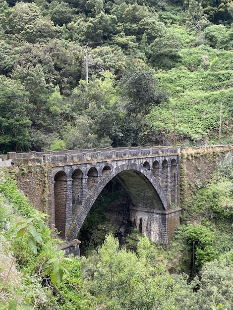 Ponte de pedra sobre o desfiladeiro cinza escuro antigo