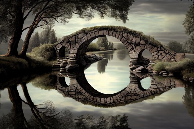 Ponte de pedra sobre um lago tranquilo com reflexo do céu e das árvores