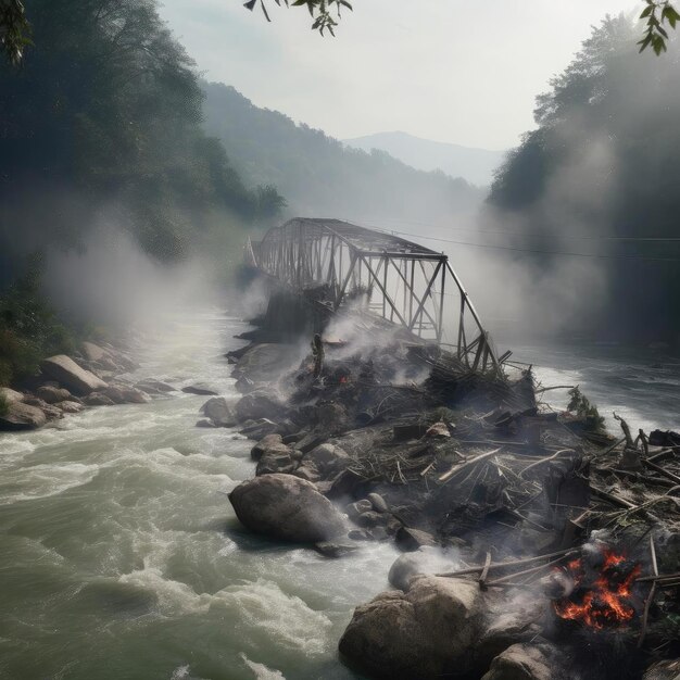 Ponte destruída sobre o rio no conceito de guerra de névoa matinal