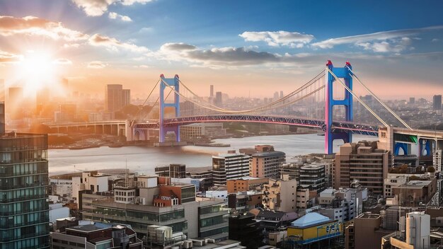 Foto ponte do arco-íris e a paisagem da cidade de tóquio ao nascer do sol, japão