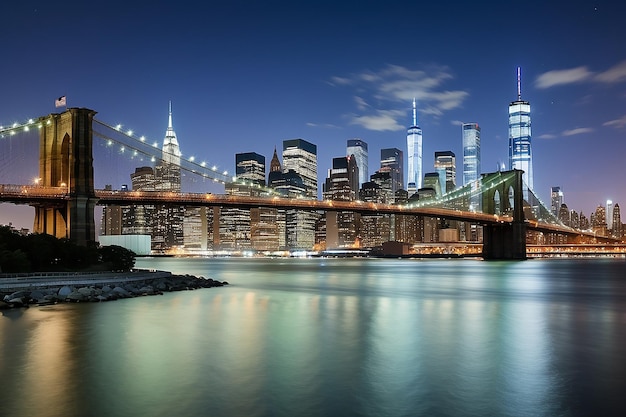 Ponte do Brooklyn e horizonte de Manhattan à noite, Nova York, EUA