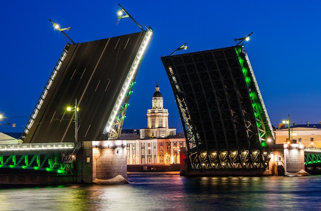 Foto ponte do palácio divorciado durante a vista das noites brancas em kuntskamera são petersburgo, rússia, 3 de julho de 2010