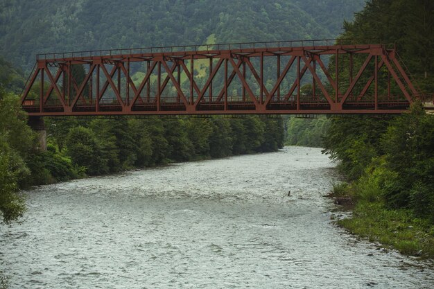 Ponte ferroviária de metal sobre um rio de montanha nas montanhas dos Cárpatos, Ucrânia