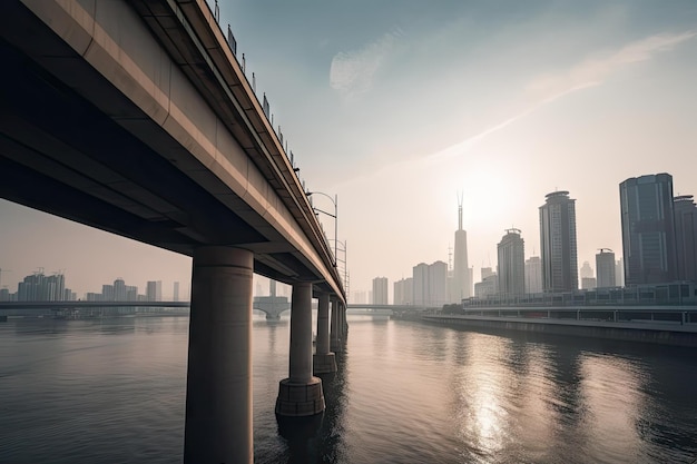 Ponte moderna com vista para o horizonte da cidade e rio em metrópole movimentada criada com IA generativa