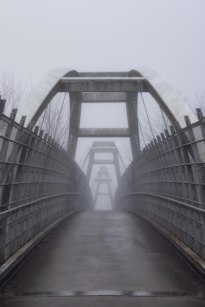 Ponte pedestre sobre a TransCanada Highway 1 durante uma manhã de neblina de inverno