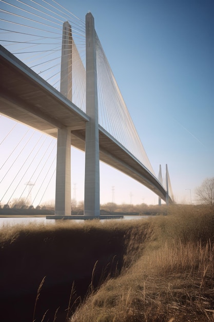 Ponte que cruza o rio sobre a grama criada usando tecnologia de IA generativa