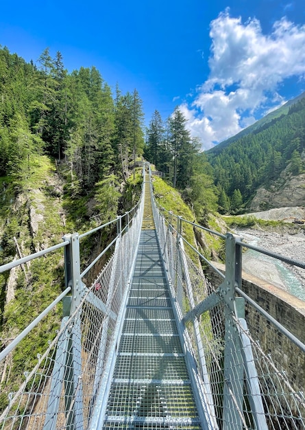 Ponte suspensa entre as árvores nas montanhas dos Alpes em Kals am Grossglockner