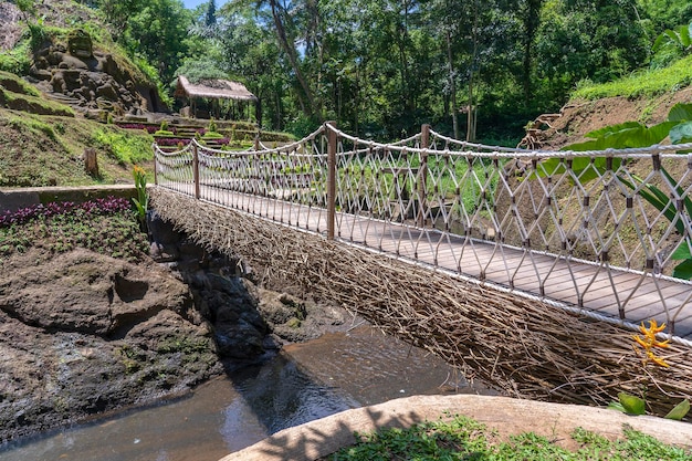 Ponte suspensa na selva perto dos terraços de arroz na ilha Bali Indonésia Natureza e conceito de viagem