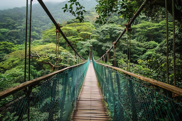 Ponte suspensa numa floresta verde e exuberante