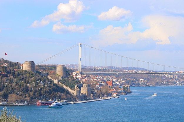 Ponte suspensa sobre o mar contra um céu nublado