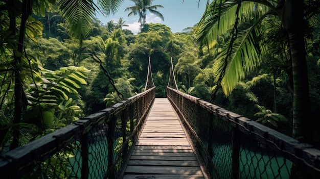 Ponte suspensa sobre o rio na floresta tropical