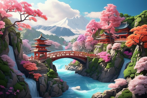 Ponte tradicional rural no estilo da aquarela japonesa