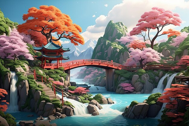 Ponte tradicional rural no estilo da aquarela japonesa