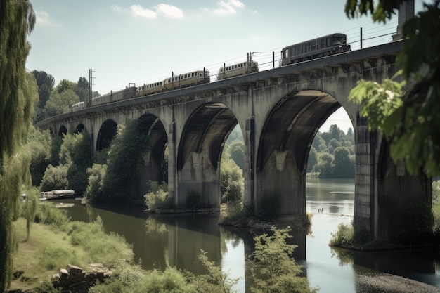 Ponte velha com carros e trens passando sobre a água abaixo criada com ai generativa