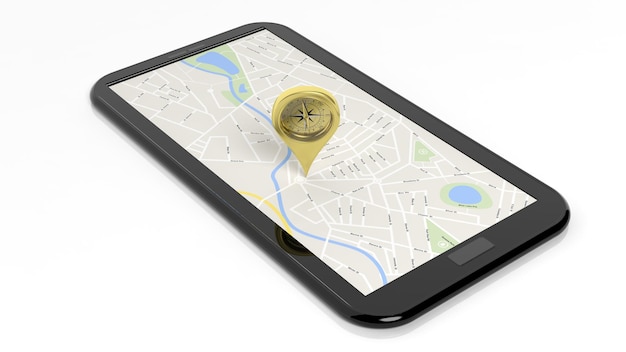 Ponteiro de bússola na tela do tablet com mapa isolado no fundo branco