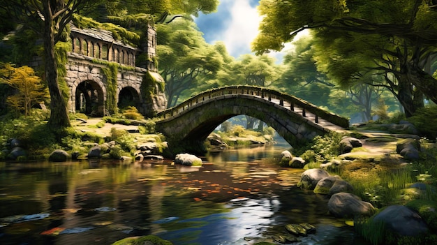 Foto pontes de pedra pitorescas sobre lagoas tranquilas