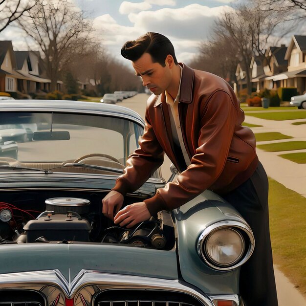 Foto pontiac bonneville estacionado en la calle un hombre con una chaqueta de cuero vintage jugando con el motor