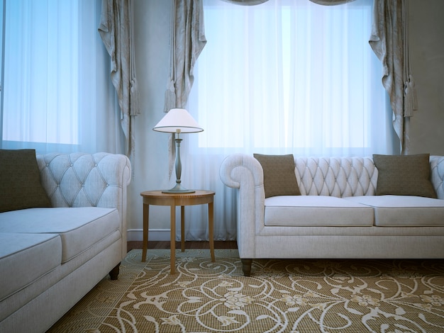 Ponto de encontro em apartamentos clássicos e dois sofás brancos com almofadas em carpete estampado.