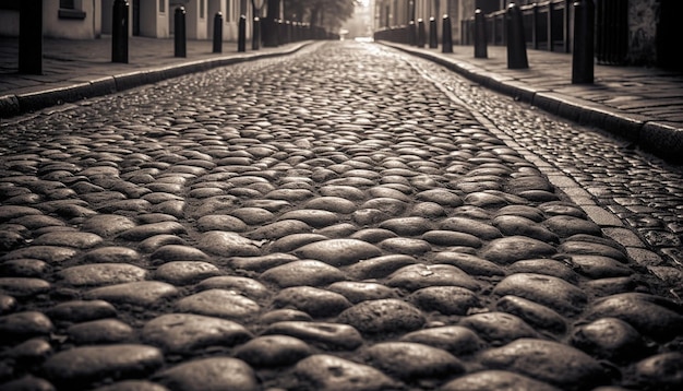 Foto ponto de fuga na arquitetura antiga da rua da cidade de paralelepípedos em preto e branco gerado pela inteligência artificial