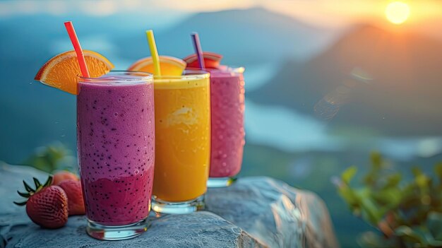 Ponto de vista cênico para descanso com smoothies refrescantes e lanches de trilha de energia leve para caminhantes fundo de cores sólidas 4k ultra hd