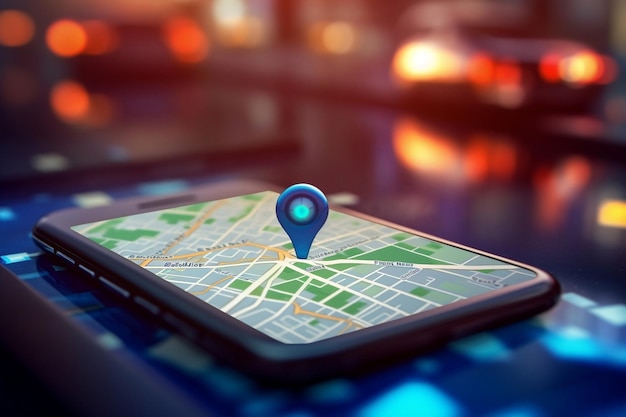 Ponto em smartphone com ícone de navegador GPS e mapa em Blur Traffic Road Abstract Background AI