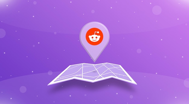 Ponto GPS de localização com logotipo reddit acima do mapa aberto 3d