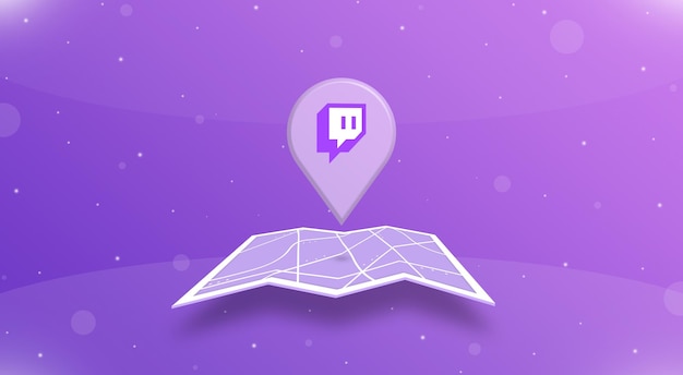 Ponto GPS de localização com logotipo twitch acima do mapa aberto 3d