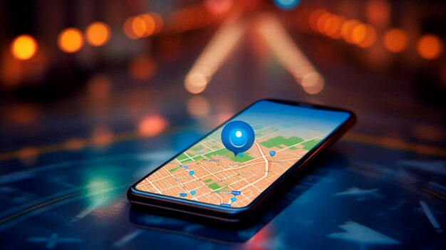 Ponto no smartphone com ícone de navegador gps e mapa em blur trânsito estrada fundo abstrato AI gerador