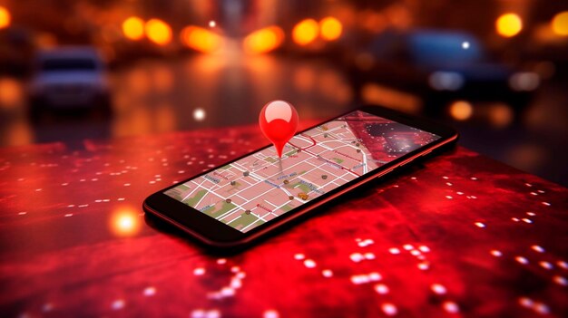 Ponto no smartphone com ícone de navegador gps e mapa em blur trânsito estrada fundo abstrato AI gerador