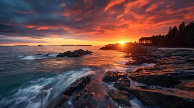 Foto pontos de vista de pôr-do-sol na costa com chuva