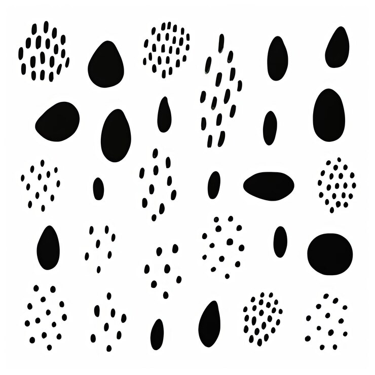 Foto pontos polka pretos sobre um fundo branco no estilo de formas orgânicas irregulares