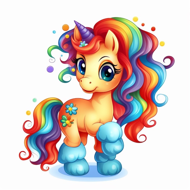 Pony Rainbow Dash de dibujos animados con melena colorida y flores ai generativo