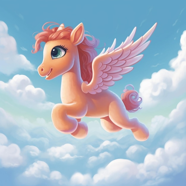 Un pony rosa volando en el cielo con la palabra pegaso.