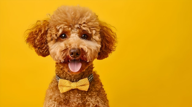 Poodle alegre com uma gravata posando contra um fundo amarelo Perfeito para temas de moda de animais de estimação Retrato canino alegre e elegante AI