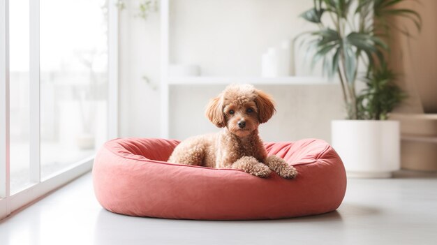 Foto poodle castanho descansando em uma cama de cachorro macia