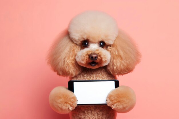 Foto poodle chocado segurando um smartphone com tela de maquete branca em fundo de cor sólida ai generativo