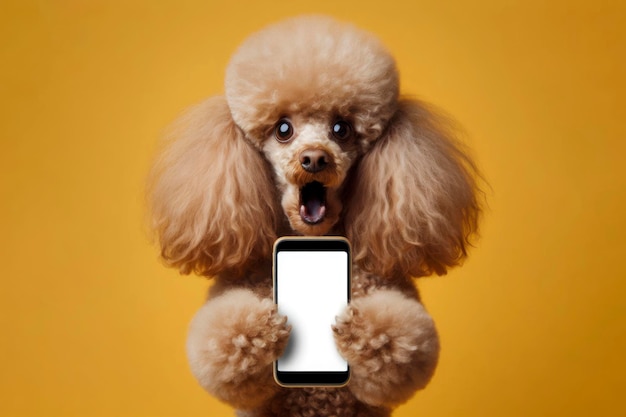 Foto poodle chocado segurando um smartphone com tela de maquete branca em fundo de cor sólida ai generativo