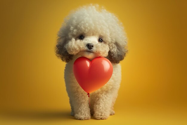 Poodle com um balão em forma de coração em um fundo amarelo Generative AI