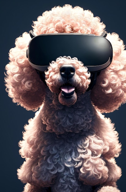 Poodle em óculos de realidade virtual Cão moderno em óculos de realidade virtual Conceito de realidade artificial