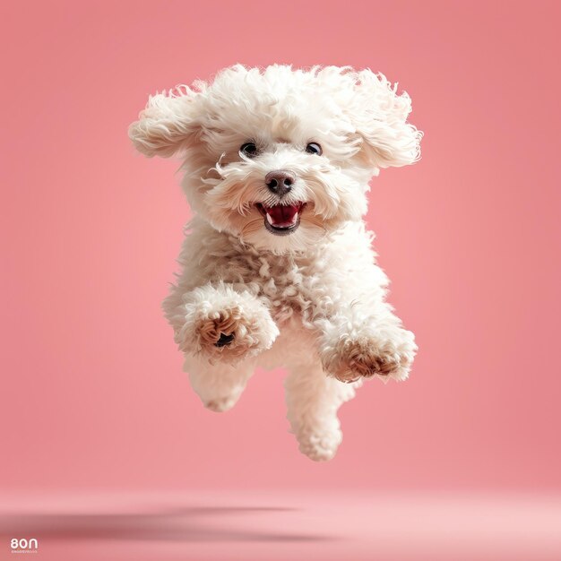 Un poodle feliz saltando con un fondo rosado claro