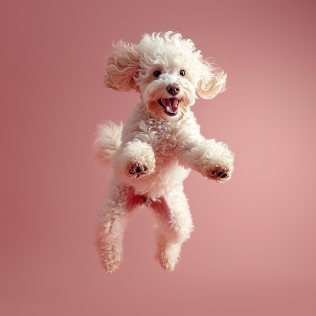 Un poodle feliz saltando con un fondo rosado claro